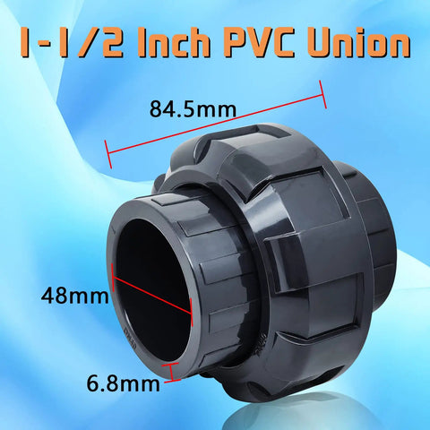 Close-up of PVC slip union coupling adapter with measurement details for easy maintenance and plumbing repairs in systems.