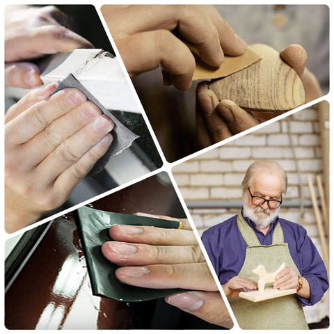 Pro Grade 25 Piece Sandpaper Set For Wet Dry Sanding With Grit Levels 1000 2000 3000 5000 7000 Silicon Carbide Sheets 9 Inch By 3.6 Inch For Wood Metal Polishing And Automotive Sanding. Collage showing sandpaper used on metal, wood, and automotive surfaces.