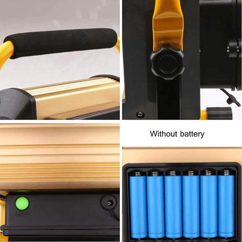 100W 2000Lm Led Work Light Rechargeable Portable Floodlight Ip65 Water features close-up of handle and battery compartment.