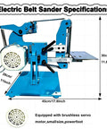 Zhenyuwang Electric Belt Sander 1100W Brushless Motor Pure Copper Windings Heavy Duty Woodworking Tool specification image showing dimensions and motor details.
