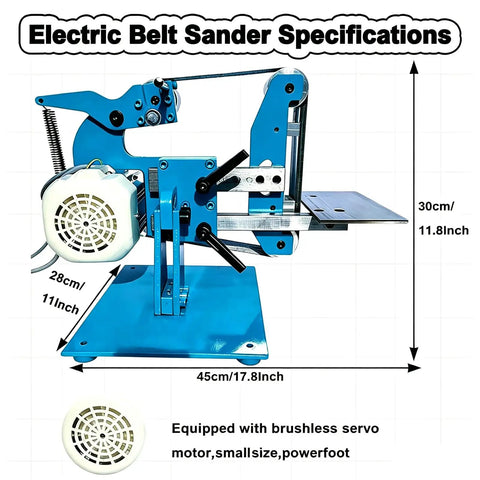 Zhenyuwang Electric Belt Sander 1100W Brushless Motor Pure Copper Windings Heavy Duty Woodworking Tool specification image showing dimensions and motor details.