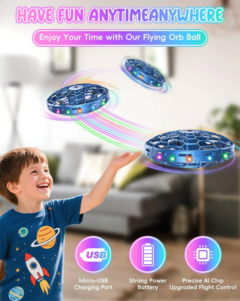 Child playing with Kids Flying Toy Drone With 360 Degree Motion Sensor Gesture Control And LED Lights Indoor Safe UFO Mini Drone