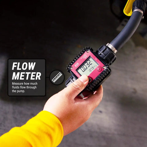 Heavy Duty 12V DC Electric Drum Pump For Quick Liquid Transfer With Precision Digital Flow Meter displaying liquid measurement.