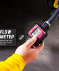 Flow meter showing fluid measurement with hose attached, featured in Slick Telescopic 12V Electric Drum Pump With Inline Flow Meter And Six Point Six Foot Hose For No Sweat Fluid Transfer At Four Point Two Gpm Rate Big Time Shop Gear.