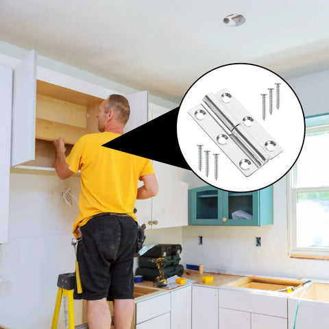 Person installing cabinet with 4 Pack Stainless Steel Lift Off Door Hinges For Doors, Windows, And Shoe Cabinets, Built Tough Heavy Duty Hardware