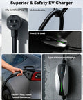 Portable Tesla Ev Charger Level 1 And Level 2 Etl Certified Dual Voltage Cable With 25 Foot Cord plugged into a car.
