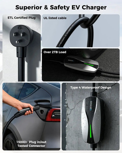 Portable Tesla Ev Charger Level 1 And Level 2 Etl Certified Dual Voltage Cable With 25 Foot Cord plugged into a car.