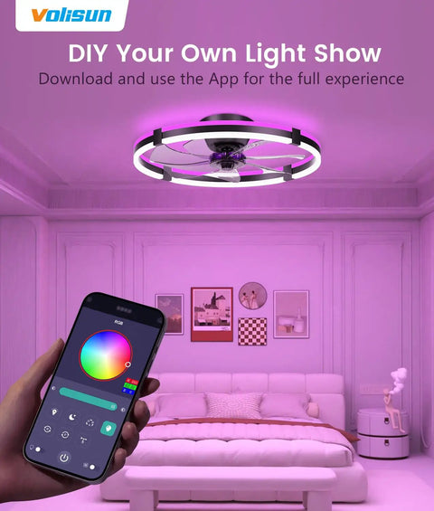 Sleek 24 Inch Rgb Ceiling Fan With Built In Lights And Wireless Remote, low profile setup with remote control app shown.