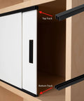 One Eighth Inch Panel Sliding Door Track System, 48 Inch Black Plastic Upper And Lower Track Set, USA Made, installed on wood cabinet
