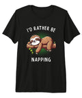 I Would Rather Be Napping Sloth Graphic Tee For Relaxed Vibes And Lazy Day Comfort Hilarious Nap Lover Gift Soft Breathable Everyday Wear Premium Tri Blend Cotton Tee in black showing a cartoon sloth