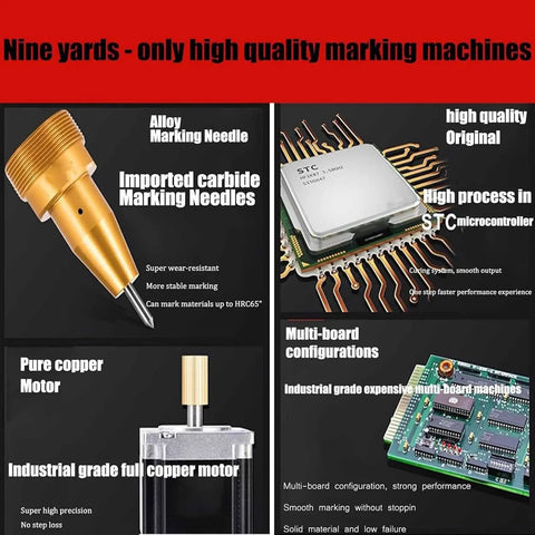 Rock Solid Pneumatic Handheld Dot Peen Marker Machine showing alloy marking needle and microcontroller with copper motor features.