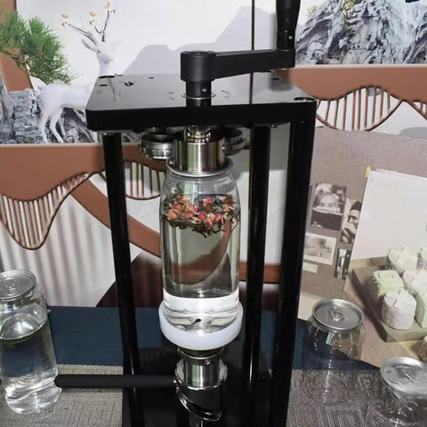 Manual Can Sealer For 55mm Jars And 500ml Cup showcasing the sealing process with a transparent jar, adjustable height, durable metal shell.