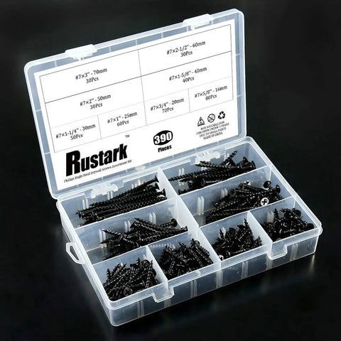 Massive 390 Piece No 7 Coarse Thread Drywall Screws Set in clear box with various sizes and black oxide finish