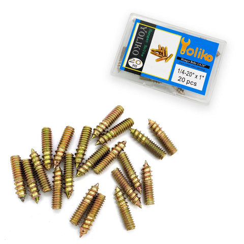 20 Pack 1/4-20 Hanger Bolts Double Ended Wood Dowel Screws Self Tapping Furniture Hardware Galvanized Carbon Steel Fasteners on white background