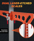 Front view of orange SakerPlus foldable drywall cutting tool with dual laser-etched scales; cuts 1/4, 3/8, 1/2 in boards