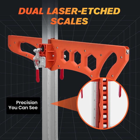 Front view of orange SakerPlus foldable drywall cutting tool with dual laser-etched scales; cuts 1/4, 3/8, 1/2 in boards
