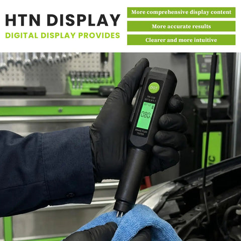 Heavy Duty Brake Fluid Tester Pen With Digital LCD Screen and Robust Metal Probe in use measuring moisture levels on a towel.