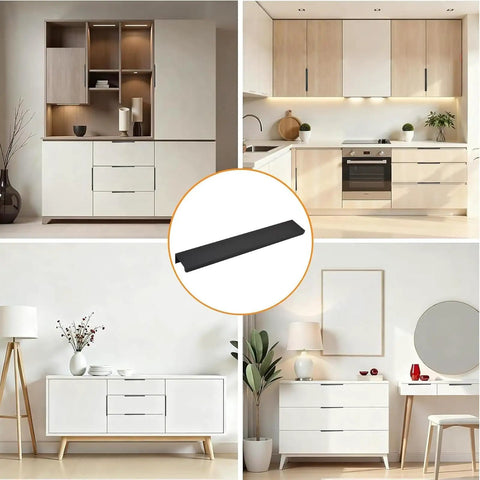 Matte Black Finger Edge Pulls 4 Pack Concealed Modern Drawer Handles for Cabinets and Wardrobes Aluminum Alloy Invisible Hardware 200mm Easy Install Sleek Dope Minimalist Kitchen Bathroom Cabinet Pulls displayed in various room settings