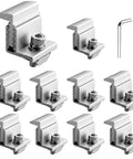 Adjustable Solar Panel Mounting Brackets 30 To 50mm Kit With 10 Aluminum End Clamps And 10 M8 Screws Plus Wrench For Metal Roof Tin Roof Flat Roof Sheet Roof All Weather Easy Install Lightweight Aluminum Silver, showing 10 clamps and wrench in silver finish.