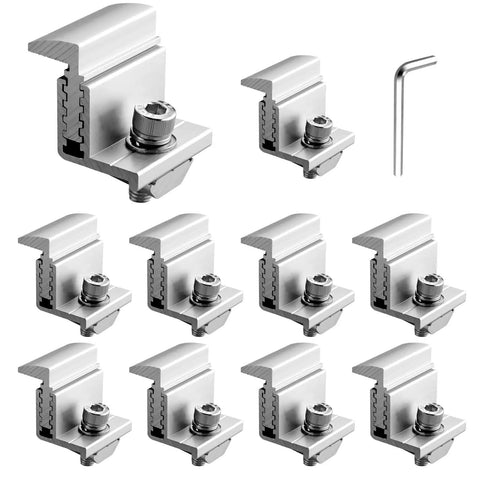 Adjustable Solar Panel Mounting Brackets 30 To 50mm Kit With 10 Aluminum End Clamps And 10 M8 Screws Plus Wrench For Metal Roof Tin Roof Flat Roof Sheet Roof All Weather Easy Install Lightweight Aluminum Silver, showing 10 clamps and wrench in silver finish.