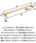 Technical diagram of Lintel 18 Inch Center To Center Champagne Bronze Appliance Pull showing sizes and specifications.