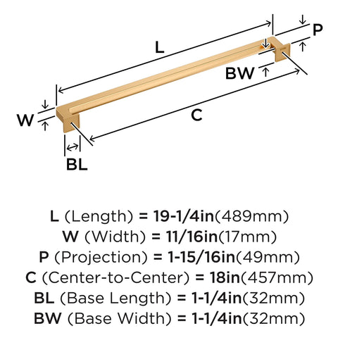 Technical diagram of Lintel 18 Inch Center To Center Champagne Bronze Appliance Pull showing sizes and specifications.