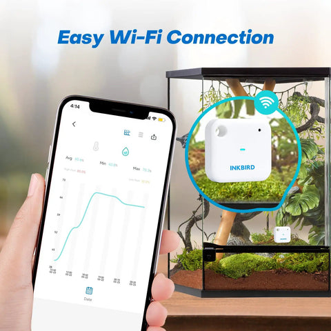 WiFi Thermometer and Humidity Sensor IBS TH3 Smart Temp Humidity Monitor With Remote Phone Access, 2.4GHz Wireless Control, No Gateway Needed, Easy App Setup for Home, Office, Garage, or Patio. App view with sensor in terrarium