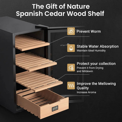 Open view of Dual Function 26L Electric Cigar Humidor with Spanish cedar shelves and drawer hygrometer focusing on features