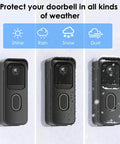 Three 2025 Blink Video Doorbell 2nd Gen with Adhesive No Drill Door Mount in different weather conditions, black color