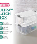 Ultra Latching Storage Boxes 4 Pack Clear 116 Quart with Lids stacked with towels and household items for easy organization.