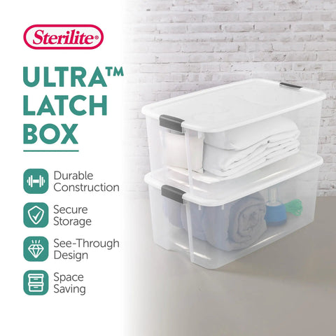 Ultra Latching Storage Boxes 4 Pack Clear 116 Quart with Lids stacked with towels and household items for easy organization.