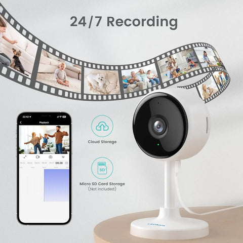 2K Indoor Security Cams Twin Pack With Night Vision on table, showing smartphone app access and 24/7 recording features.