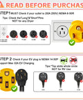Image showing installation steps for Nema 6-50P To 14-50R EV Level 2 Charging Adapter 32 Amp Max with outlet types.