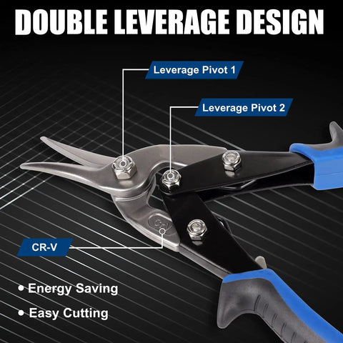 Close-up of Three Pack Aviation Tin Snips 10 Inch Set with compound cut design showing leverage pivots and CR-V steel blades.