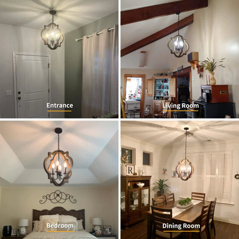 Rustic Farmhouse Chandelier For Dining Room With Adjustable Height Chain, 19.49 Inch Wood And Black Metal Pendant Light Over Table, Cozy Vibe For Kitchen Island And Hallway Dining Area Decor