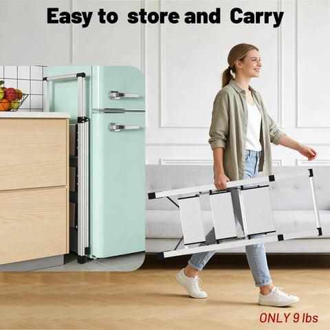 Ultra Lightweight Aluminum 3 Step Ladder Folding Stool With Safety Handrail Heavy Duty 600 Pound Capacity Anti Slip Pedals Slim Fold Design For Home Use And Everyday DIY Projects, folded and carried indoors