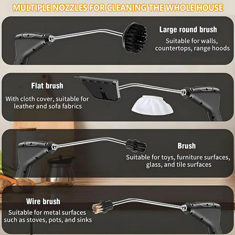 Four different brush heads for 2500W Handheld High Temperature Pressurized Steam Cleaner, including round, flat, standard, and wire brushes.