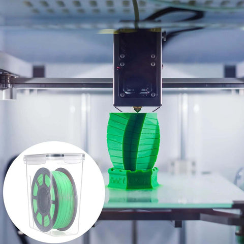 3D printer creating green object with 12 Pack Filament Storage Boxes With Lids For 3D Printing Spools inset image