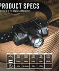 2700 Lumen USB C Rechargeable Headlamp with Twist Focus Beam on wooden surface showing ANSI certified product specs