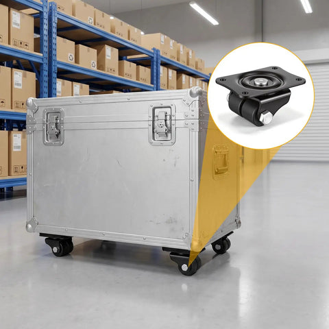 Heavy Duty Low Profile Caster Wheels 8 Pack Double Wheel Swivel Casters on storage crate in warehouse setting.