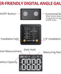 Slick Pocket Sized Digital Angle Finder With Strong Magnet IP54 Waterproof Dustproof Dead On Precision Layout Gauge For Carpentry And DIY No Sweat Compact Measuring Tool showing buttons and display features.