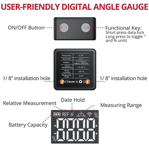 Slick Pocket Sized Digital Angle Finder With Strong Magnet IP54 Waterproof Dustproof Dead On Precision Layout Gauge For Carpentry And DIY No Sweat Compact Measuring Tool showing buttons and display features.