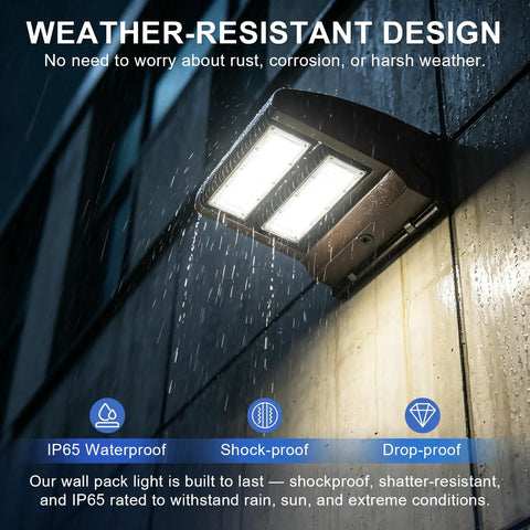 80W Rotatable LED Wall Pack Light illuminating in rain, 10400 lumens, adjustable heads, weatherproof for outdoor security at 5000K