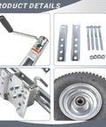 Trailer jack, front view: silver bolt-on unit with foldable crank handle, 2000 lb capacity.
Trailer jack hardware, side view: bolt-on brackets, bolts and nuts.
Trailer jack close-up: mounting plate with multiple bolt holes.
Installed wheel and hub on trailer jack with silver rim.
