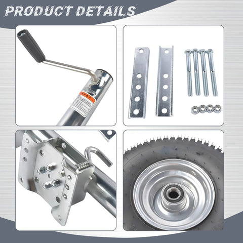 Trailer jack, front view: silver bolt-on unit with foldable crank handle, 2000 lb capacity.
Trailer jack hardware, side view: bolt-on brackets, bolts and nuts.
Trailer jack close-up: mounting plate with multiple bolt holes.
Installed wheel and hub on trailer jack with silver rim.