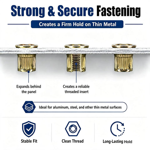 Heavy Duty Manual Head Rivet Nut Tool Kit With 7 Quick Change Heads For M3 To M12 Fastening And 70 Brass Threaded Inserts For Auto Body Work, brass inserts in thin metal panel