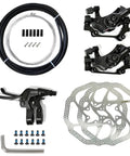 Complete Mechanical Disc Brake Kit With Dual Front And Rear Aluminum Calipers Paired To 160 Mm Stainless Rotors for mountain bike use.