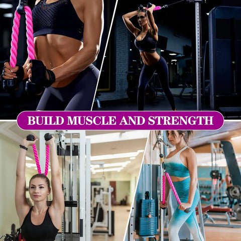 Pink Tricep Rope Cable Attachment for Gym and Home Workouts 27 inch length with carabiner used for cable machine exercises