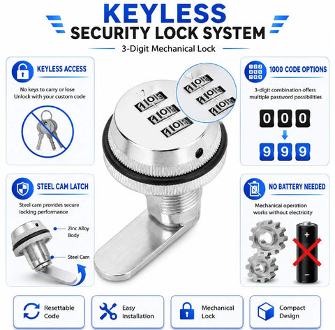Image of Three Digit Keyless Cabinet Lock With Zinc Alloy Body And Steel Cam Lock For Cabinets Drawers Mailboxes And Storage Boxes.