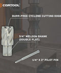 CORTOOL annular cutter and pilot pin, front view; 3/4 in Weldon shank (double flat)
